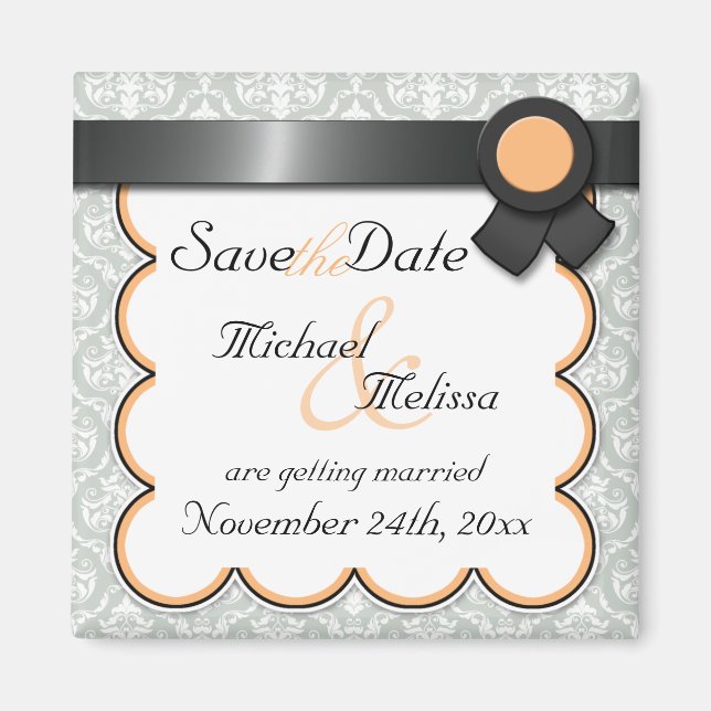 Orange & Gray Damask Speichern Sie das Datumsfenst Magnet (Vorne)