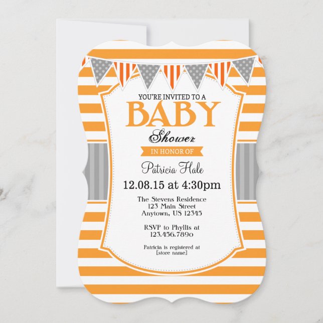 Orange Gray Stripes Kinderdusche Einladung (Vorderseite)