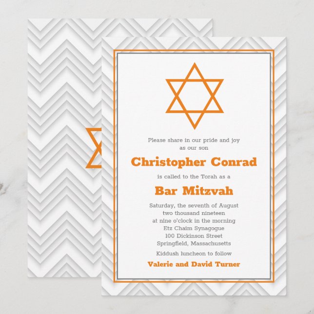 Orange Gray White Traditional Bar Mitzvah Einladung (Vorne/Hinten)