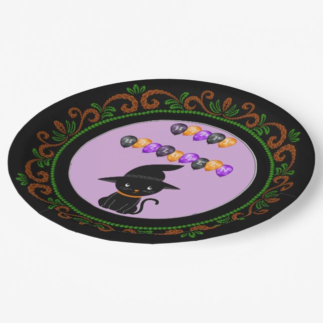 Orange Green Black Cat Witch Hat Happy Halloween Pappteller (Schrägansicht)
