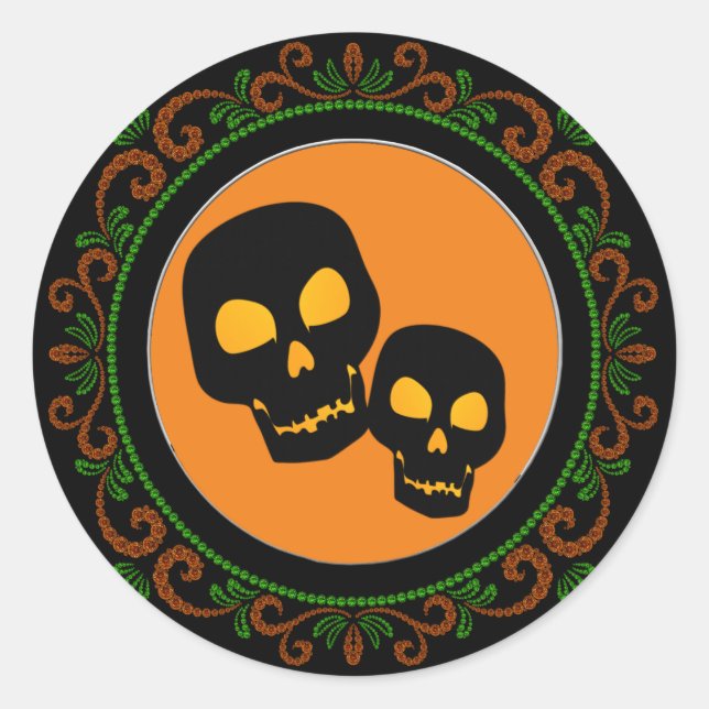 Orange Green Black Skulls Halloween Runder Aufkleber (Vorderseite)