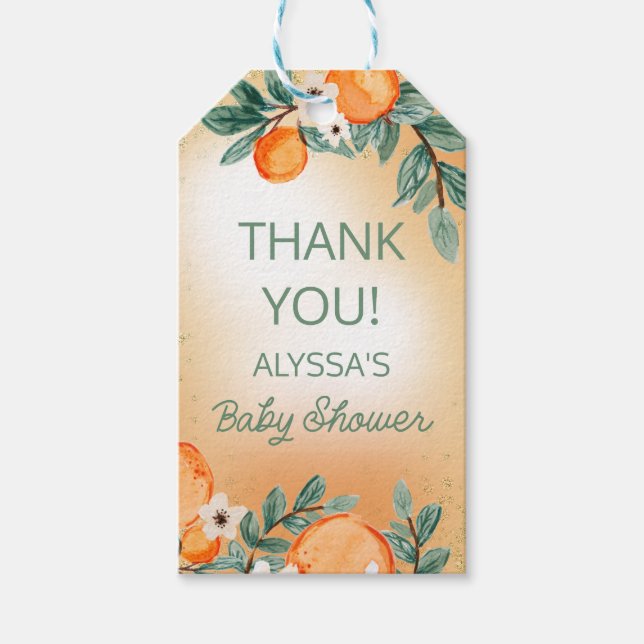 Orange Green Boy Girl Citrus Fruit Baby Dusche Geschenkanhänger (Vorderseite)