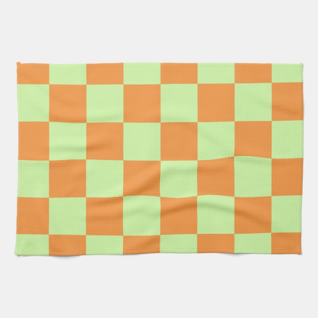 Orange Green Citrus Checkered Gingham Pattern Geschirrtuch (Horizontal)