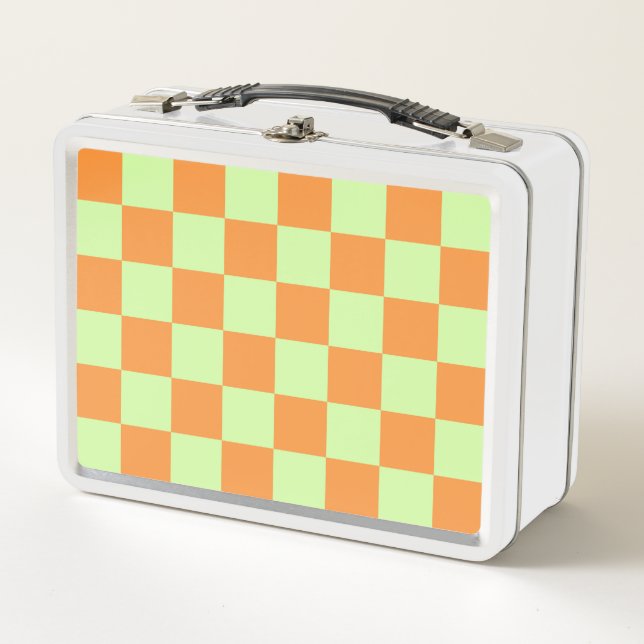 Orange Green Citrus Checkered Gingham Pattern Metall Brotdose (Vorderseite)