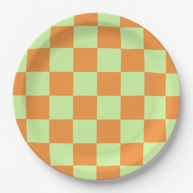 Orange Green Citrus Checkered Gingham Pattern Pappteller (Vorderseite)