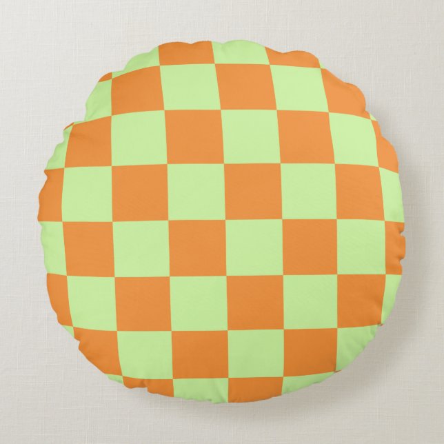 Orange Green Citrus Checkered Gingham Pattern Rundes Kissen (Vorderseite)