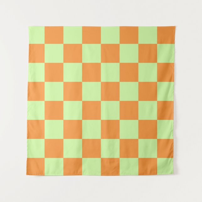 Orange Green Citrus Checkered Gingham Pattern Wandteppich (Vorderseite)
