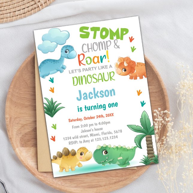 Orange Green Dinosaurier Geburtstagseinladungen Einladung (Green Gold Glitter Dinosaur Birthday Invitations)