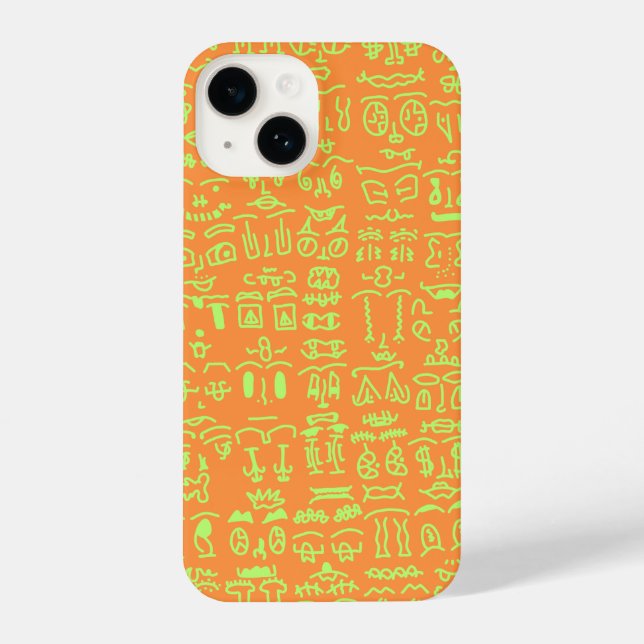 Orange & Green Doodle Pattern Case – Artist iPhone 14 Hülle (Rückseite)