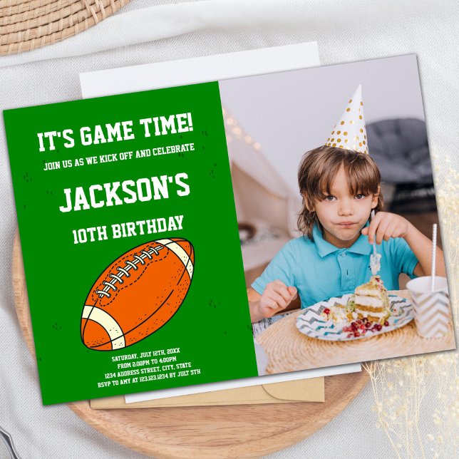 Orange Green Football Anniversaire Invitations pho (Orange Green Football Birthday Invitations photo)