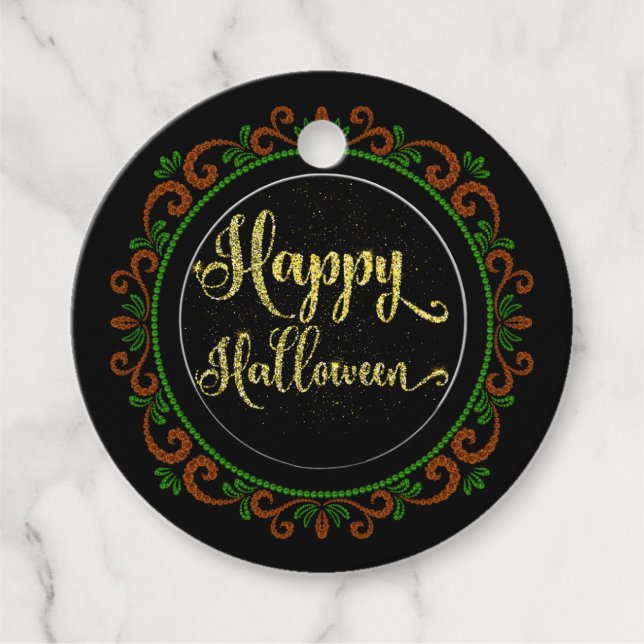 Orange Green Gold Glitzer auf Black Happy Hallowee Geschenkanhänger (Vorderseite)