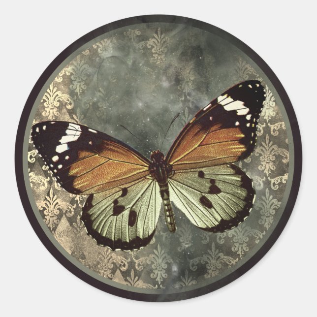 Orange & Green Gothic Butterfly  Runder Aufkleber (Vorderseite)