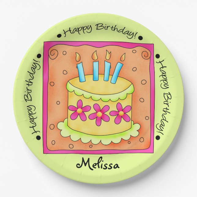 Orange Green Happy Birthday Cake Name Personalisie Pappteller (Vorderseite)