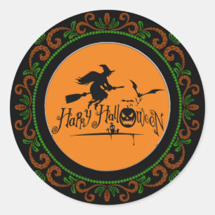 Orange Green Happy Halloween Hexe und Fledermäuse Runder Aufkleber