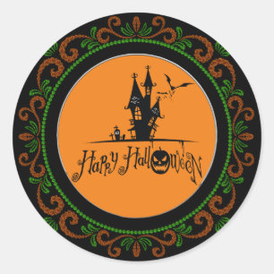 Orange Green Happy Halloween Spuk House Runder Aufkleber