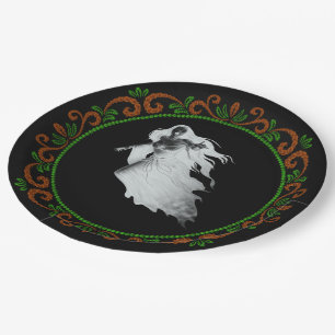 Orange Green Lady in White Ghost Halloween Pappteller
