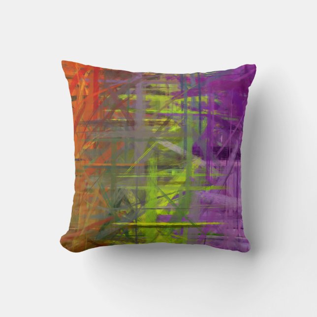 Orange Green Lila Abstrakte Kunstmalerei Kissen (Vorderseite)