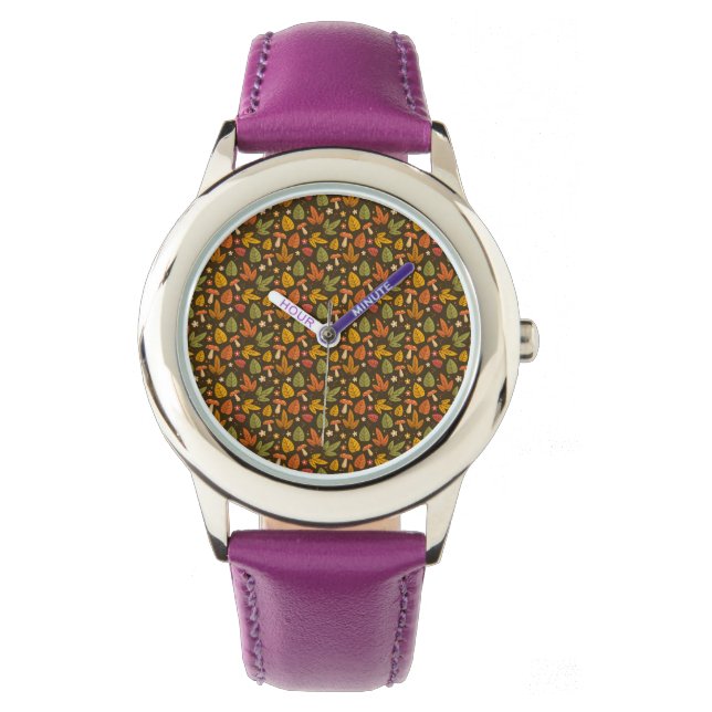 Orange Green Mushroom Leaf Muster Watch Armbanduhr (Vorderseite)
