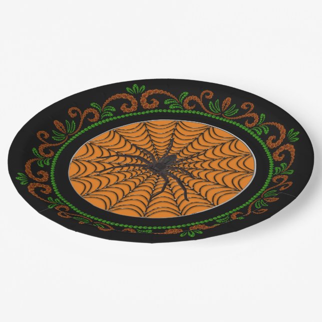 Orange Green Spider Web und Black Spider Halloween Pappteller (Schrägansicht)