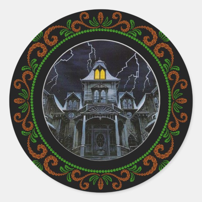 Orange Green Spuk House Halloween Runder Aufkleber (Vorderseite)
