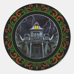Orange Green Spuk House Halloween Runder Aufkleber