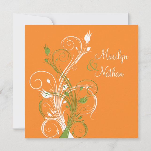 Orange Green White Floral Sq. Einladung zur Hochze (Vorderseite)