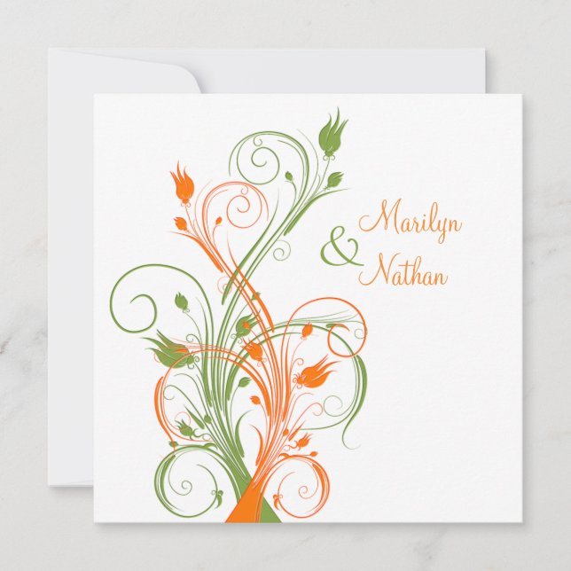 Orange Green White Floral Sq. Einladung zur Hochze (Vorderseite)