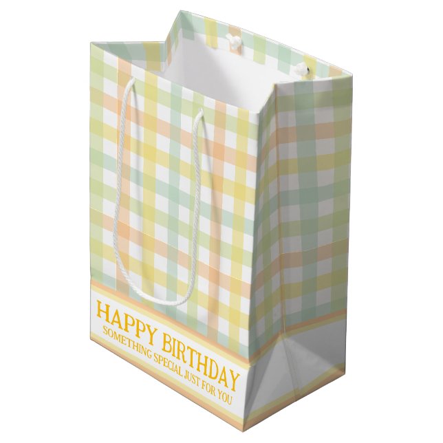 Orange Green Yellow Blue Pastel Modern Gingham Mittlere Geschenktüte (Vorderseite Schrägansicht)