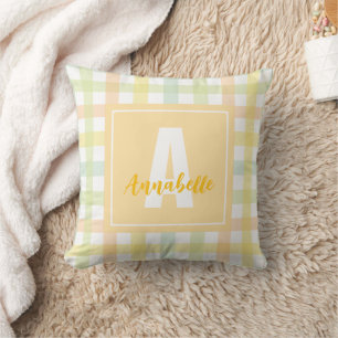 Orange Green Yellow Blue Pastell Gingham Monogram Kissen