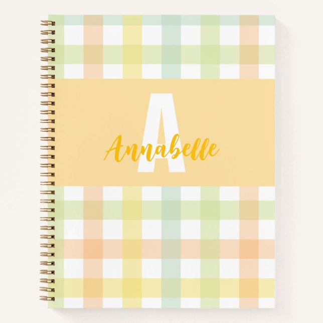 Orange Green Yellow Blue Pastell Monogram Gingham Notizbuch (Vorderseite)