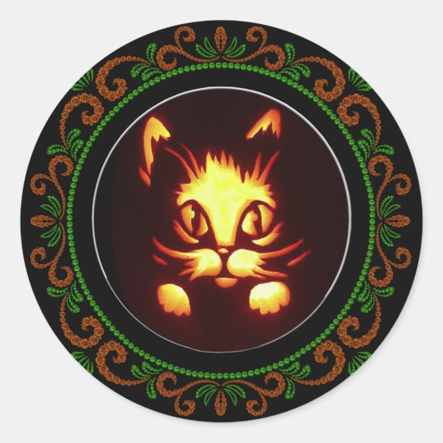 Orange Green Yellow Glows Halloween Cat Runder Aufkleber (Vorderseite)