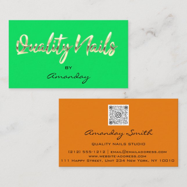 Orange GreenGold Quality Nail Script QRCode Logo Visitenkarte (Vorne/Hinten)