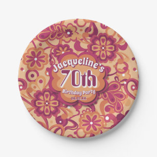 Orange Groovy Psychedelic 60er 70er Floral Birthda Pappteller
