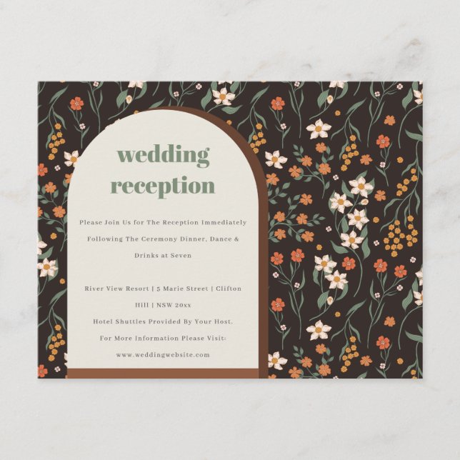Orange Groovy Retro Arch Floral Hochzeitsempfang Begleitkarte (Vorderseite)