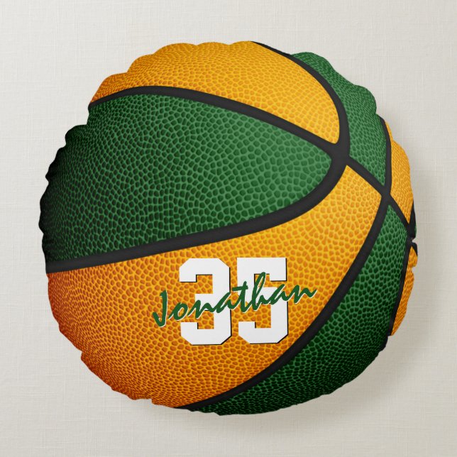 Orange grüne Schulfarben Jungs Basketball Rundes Kissen (Vorderseite)
