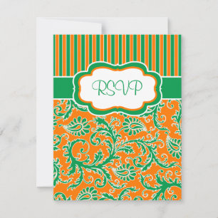 Orange, Grüne, Weiße Florale Gestreifte RSVP-Karte Einladung