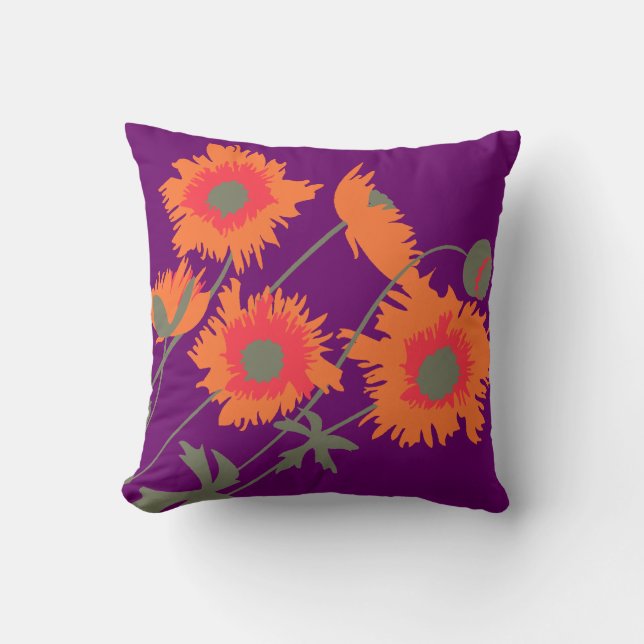 Orange, grünes und lila Throwkissen der Mohnblume Kissen (Vorderseite)
