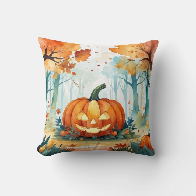 Orange grünes Wasser Farbe Herbst Pumpkins Wald Kissen (Vorderseite)