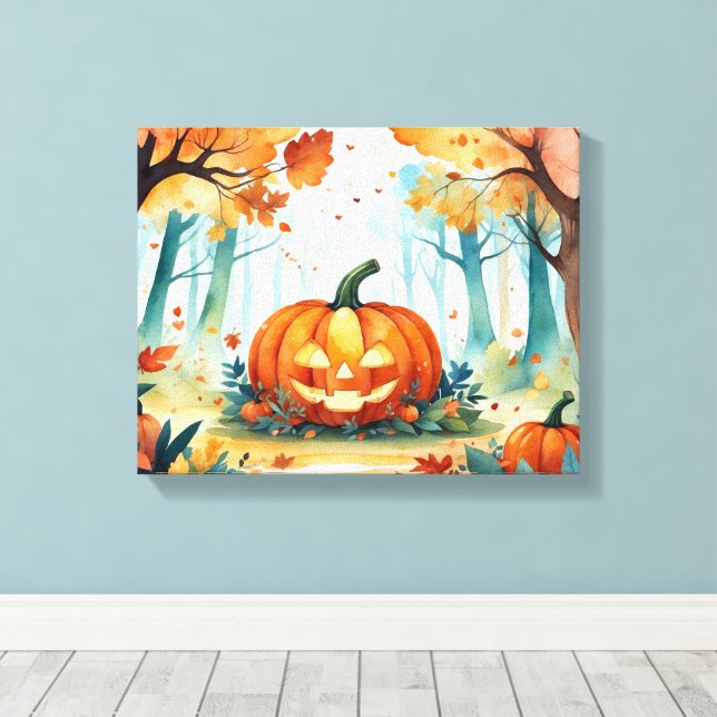 Orange grünes Wasser Farbe Herbst Pumpkins Wald Leinwanddruck (Insitu (Holzboden))