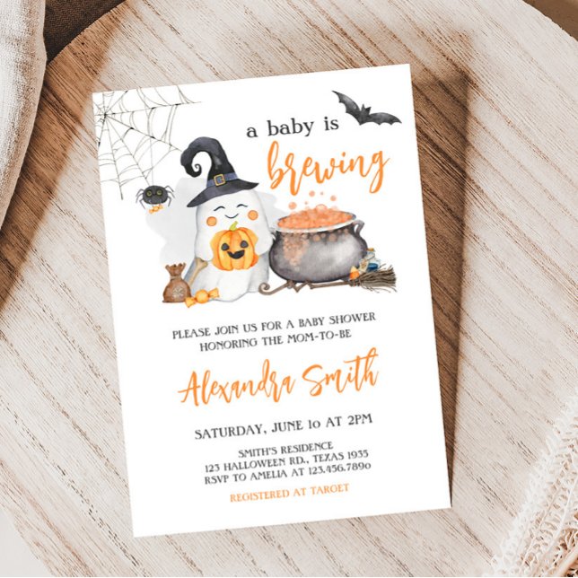 Orange Halloween Baby Brewing Baby Shower Einladung (Orange A Baby is Brewing Baby Shower Invitation )