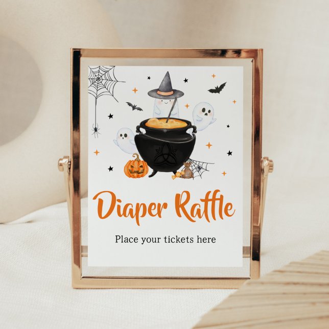 Orange Halloween Baby brütet Windeln Poster (Baby is Brewing Baby Shower Diaper Raffle Sign)