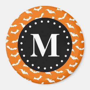 Orange Halloween Bat Pattern Black Monogram Magnet