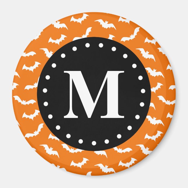 Orange Halloween Bat Pattern Black Monogram Magnet (Vorne)