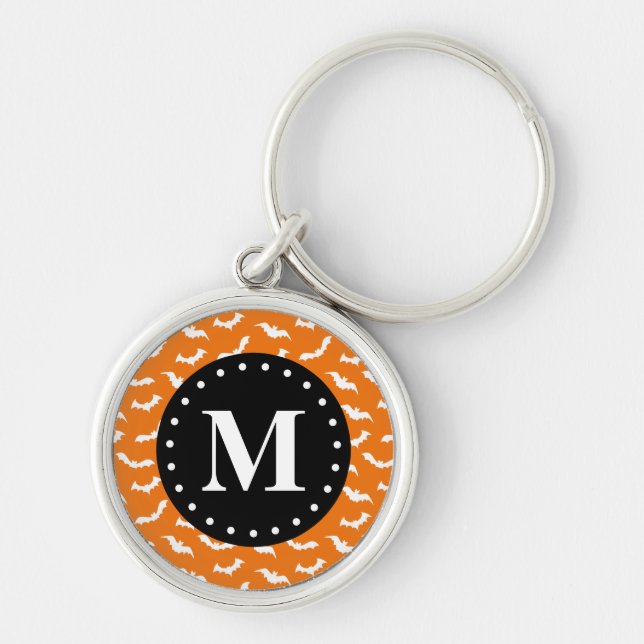 Orange Halloween Bat Pattern Black Monogram Schlüsselanhänger (Vorne)