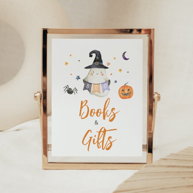 Orange Halloween Ghost Kleine Bücher und Geschenke Poster (Little Boo Baby Shower Books and Gifts Sign)
