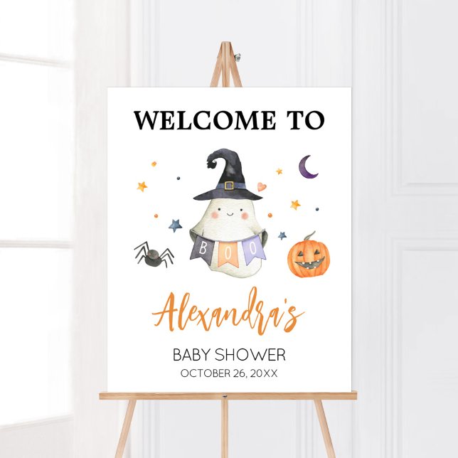 Orange Halloween Ghost Little Boo Willkommen Poster (Little Boo Baby Shower Welcome Sign)