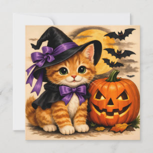Orange Halloween-Kätzchen mit Kürbis Karte