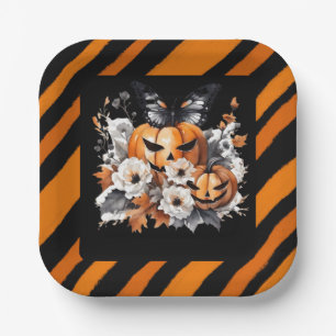 Orange Halloween-Kürbis-Blumen Pappteller