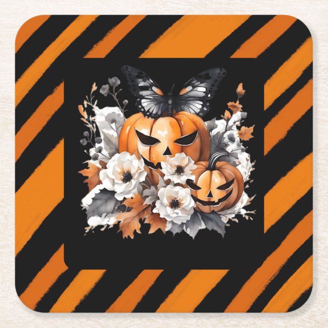 Orange Halloween Pumpkin Floral Rechteckiger Pappuntersetzer (Vorderseite)