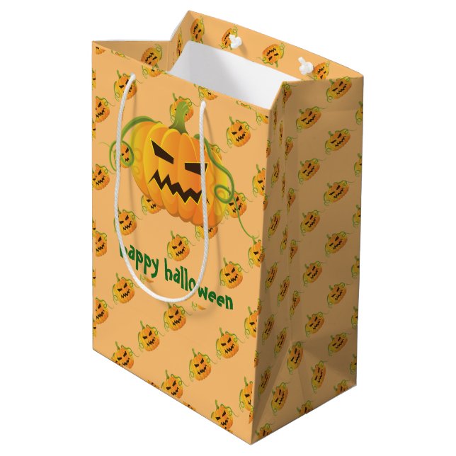 Orange Halloween Pumpkin Nahtloses Muster Mittlere Geschenktüte (Rückseite Schrägansicht)